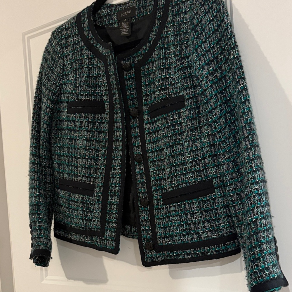 J. Crew Women's Black and Green Tweed Blazer 2